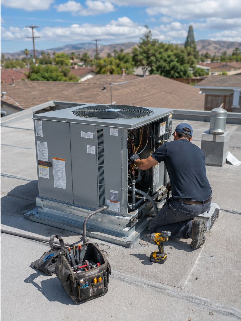 Big O technician servicing a rooftop package unit in Phoenix