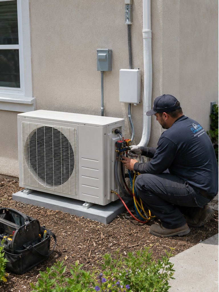 Technician charging a residential mini-split condenser